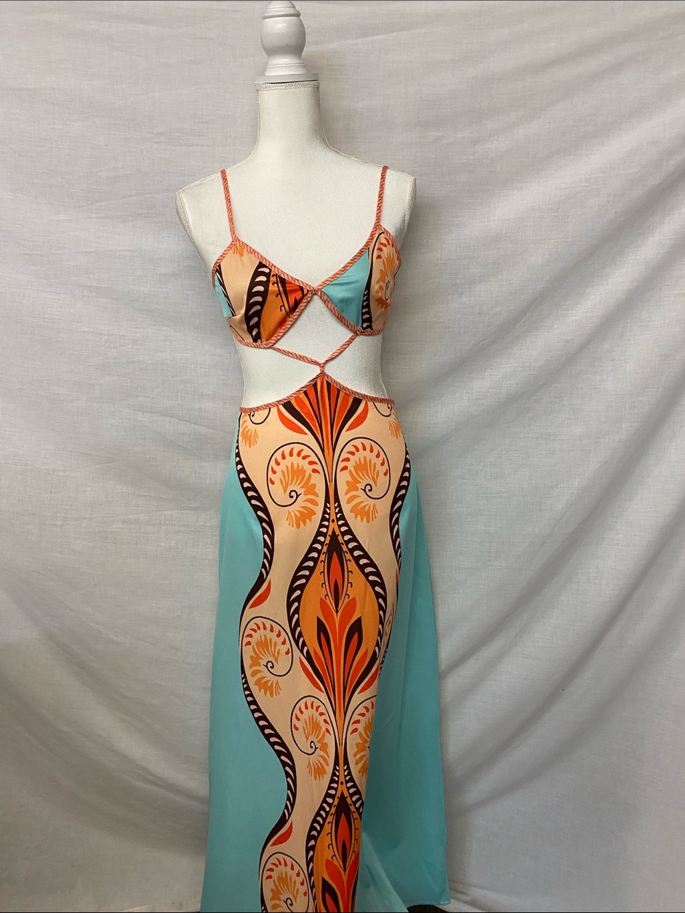 Aqua and Orange Printed Cut-Out Maxi Dress